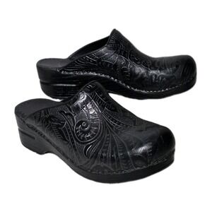 Dansko Saundra Black Tooled Leather Open Back Chunky Mule Clogs EU 40/Womens 9.5
